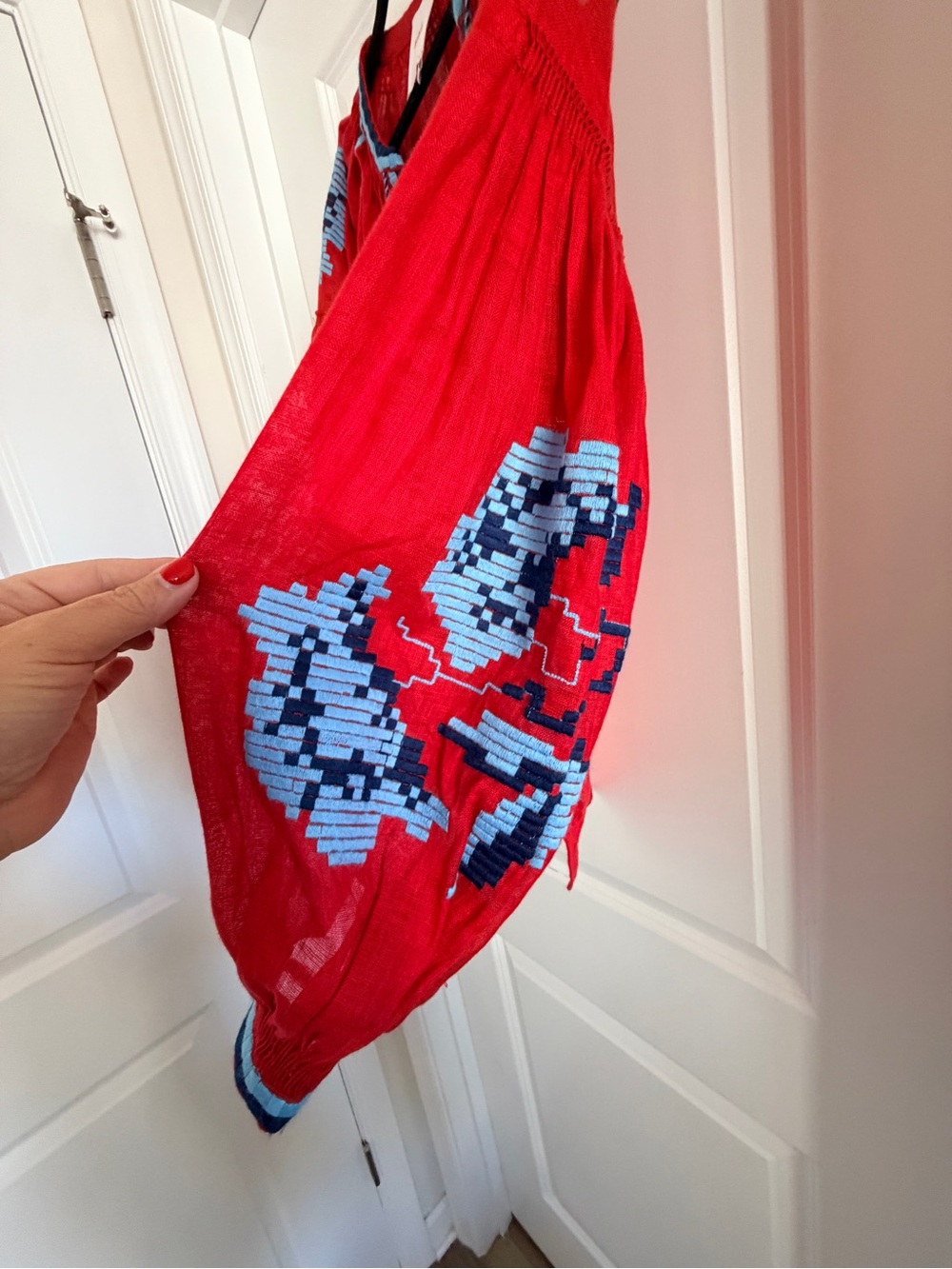 March 11 Red Embroidered Peasant Blouse with Blue Tassels - Picture 4 of 7